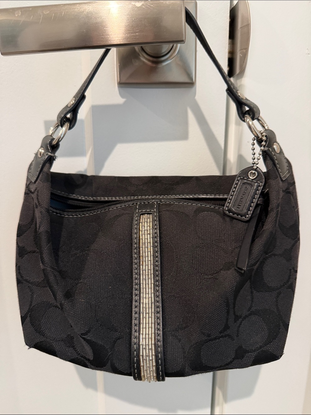 Coach Black Signature Canvas Shoulder Bag with Silver Accent Stripe